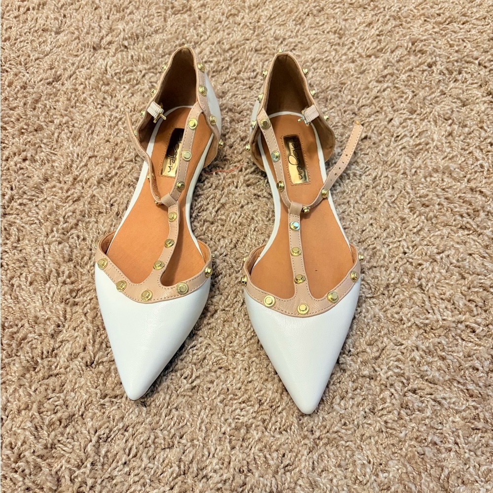 Halogen White and Tan Pointed-Toe Flats with T-Strap